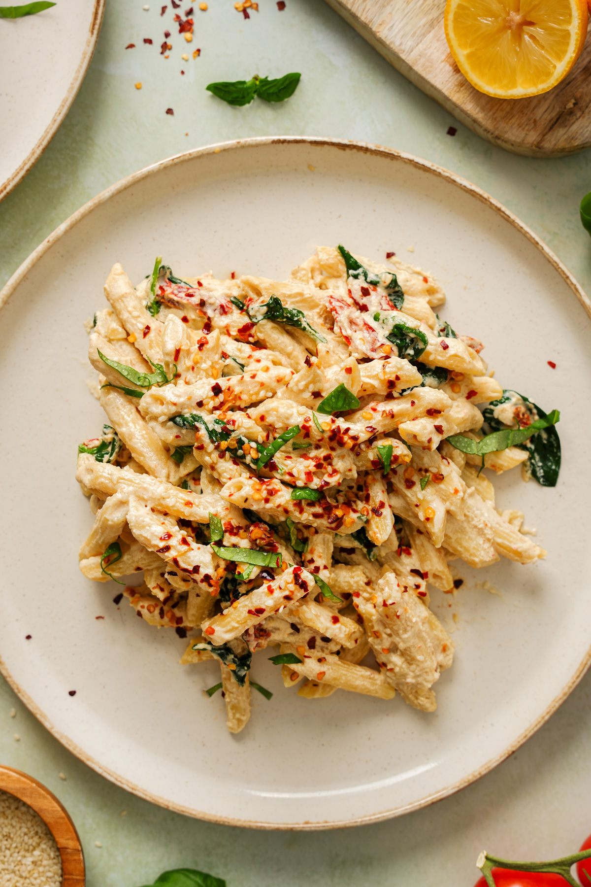 a close up of the tahini pasta to show the creamy texture