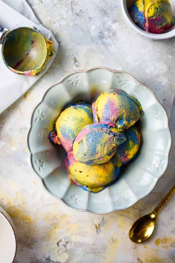 overhead shot of the superman ice cream recipe scooped into a bowl