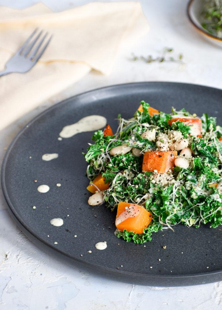 a winter dinner salad recipe with kale and butternut squash