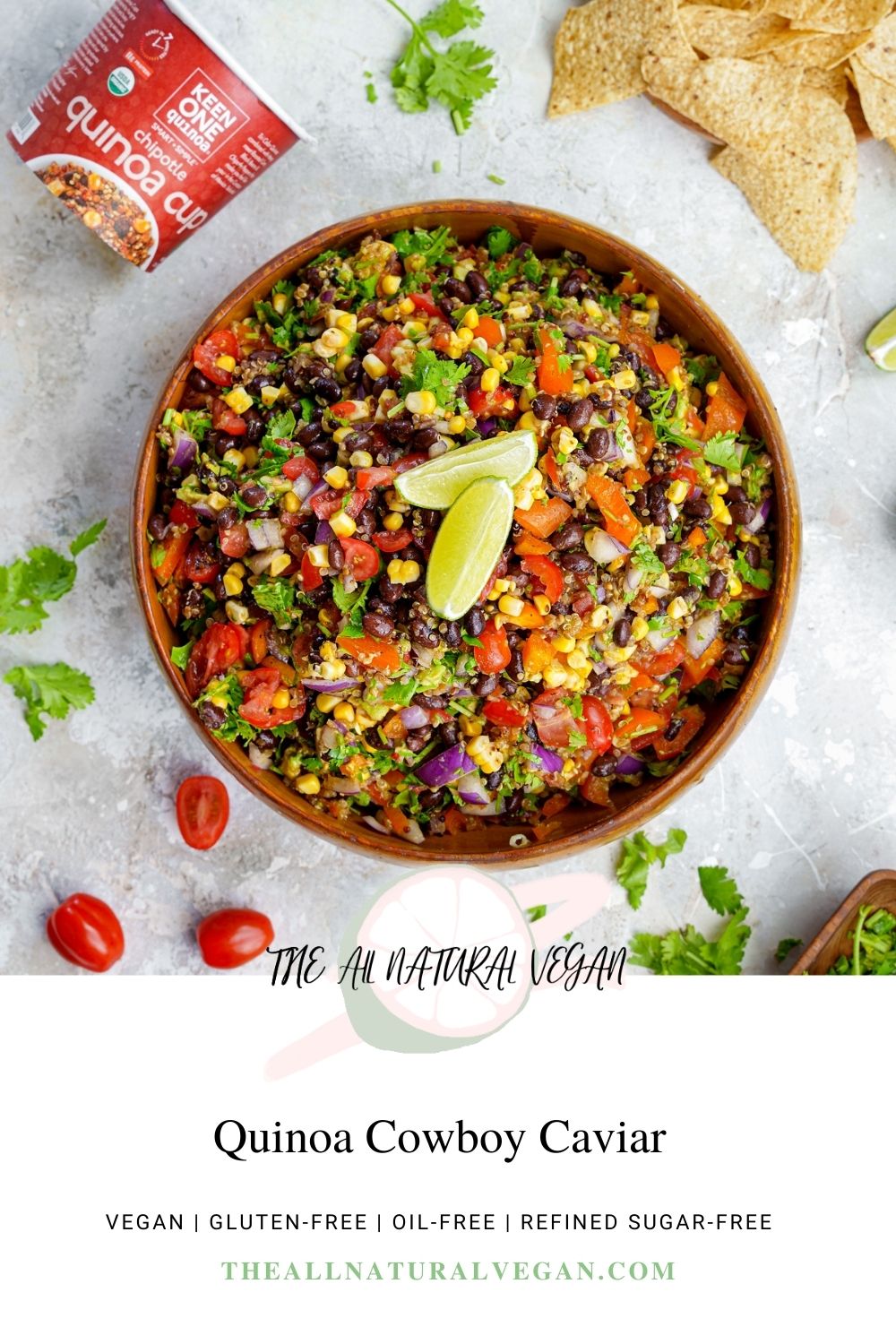 quinoa cowboy caviar recipe card stating this recipe is vegan, oil-free, gluten-free, and refined sugar-free
