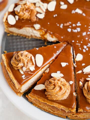 maple caramel almond cheesecake featured image