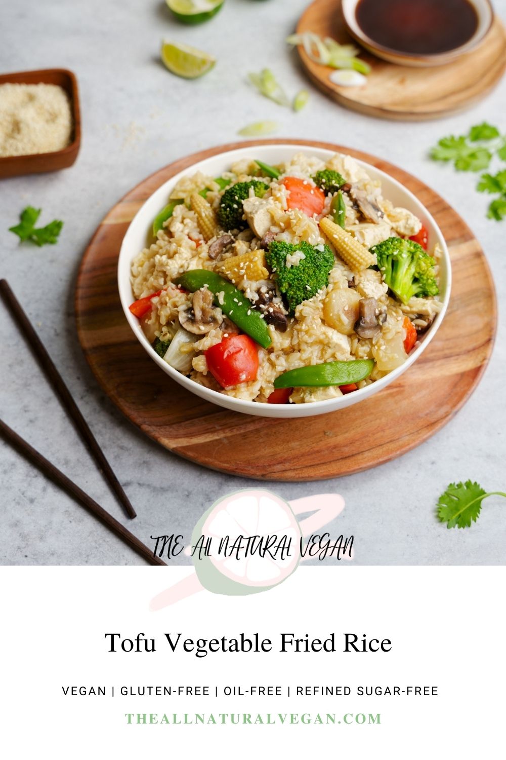 easy vegan fried rice recipe card stating this recipe is oil-free, gluten-free, refined sugar-free, and whole foods plant based