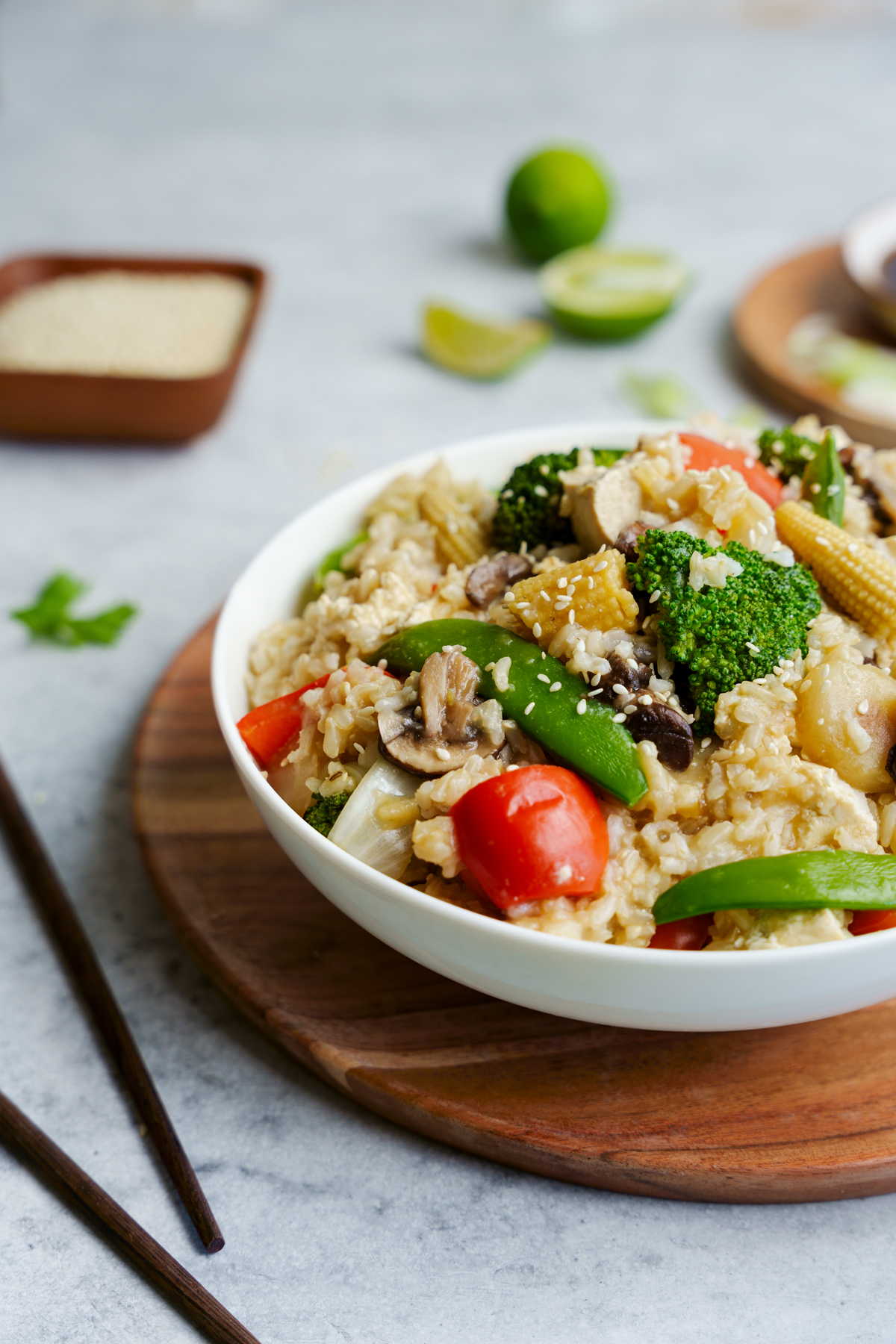 close up of the tofu vegetable fried rice showing the fluffy texture and the delicious vegetables