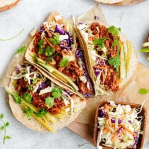 close up of the bbq jackfruit tacos with the healthy vegan coleslaw
