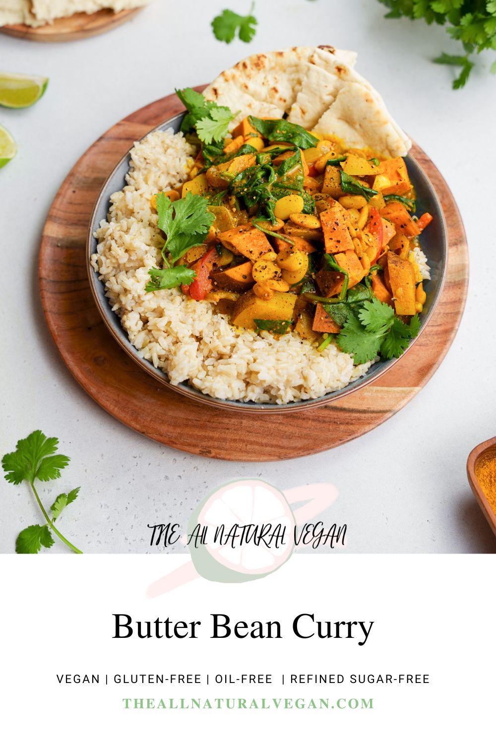 Butter bean curry recipe card stating this recipe is vegan, oil-free, gluten-free, and refined sugar-free
