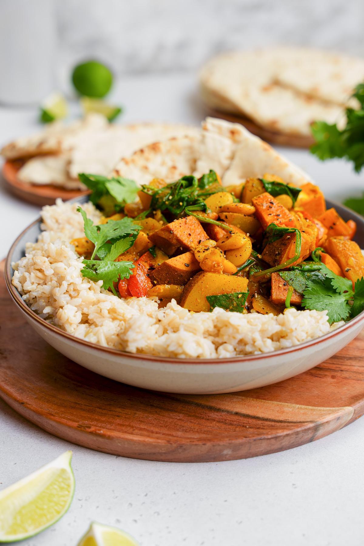 close up of the butter bean curry recipe to show the beans and potatoes