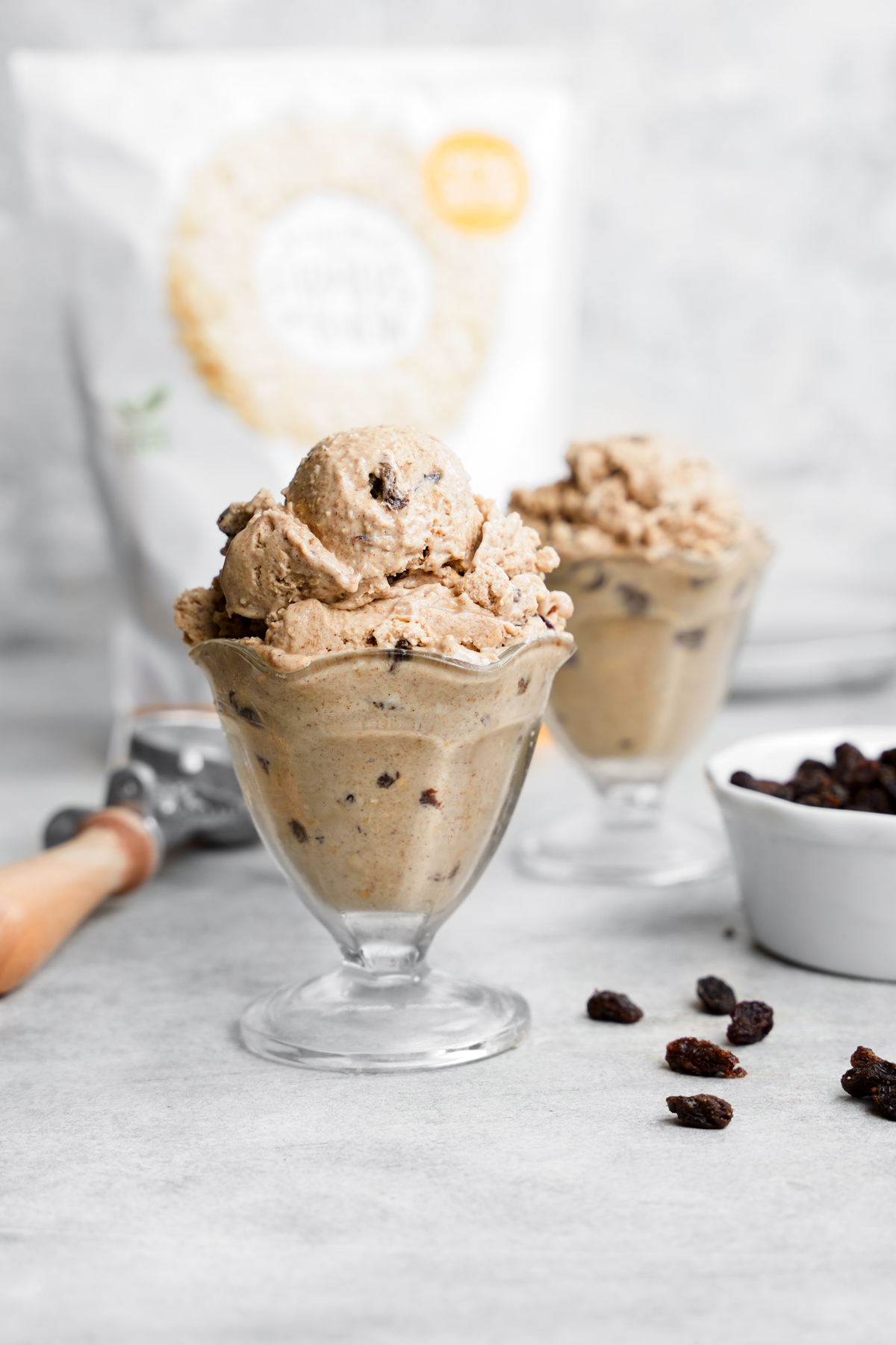 oatmeal raisin ice cream with the one degree organics oatmeal in the background