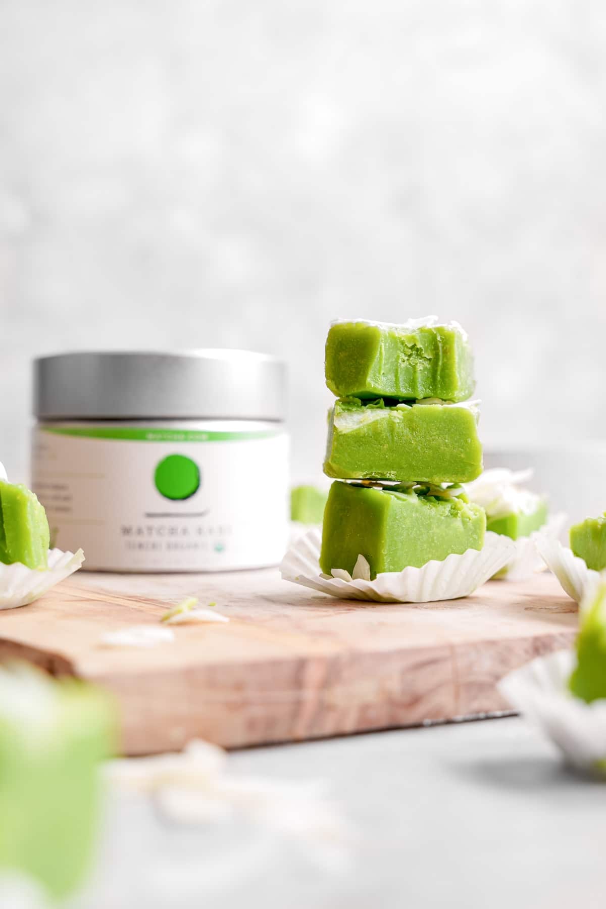 the matcha fudge with a matcha kari tenchi organic container next to it