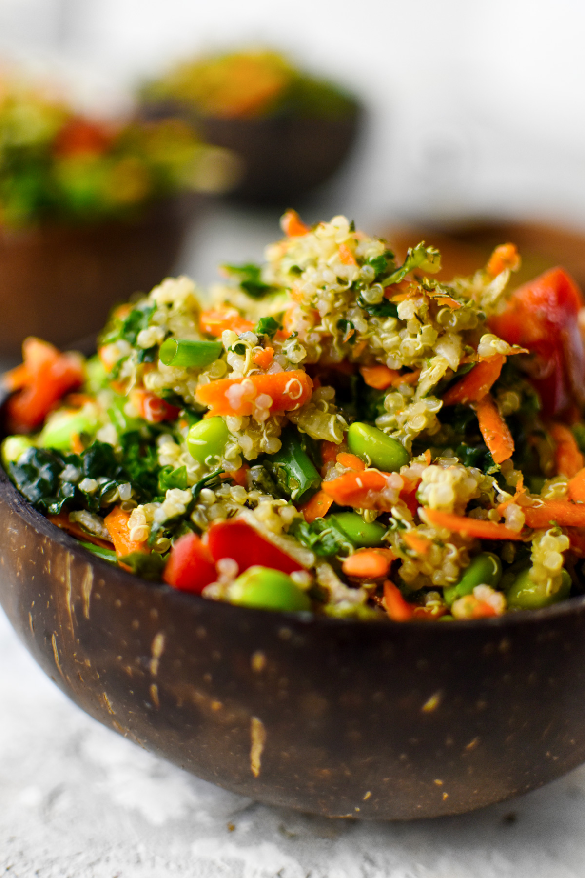 close up of the rainbow kale salad to show all the different textures