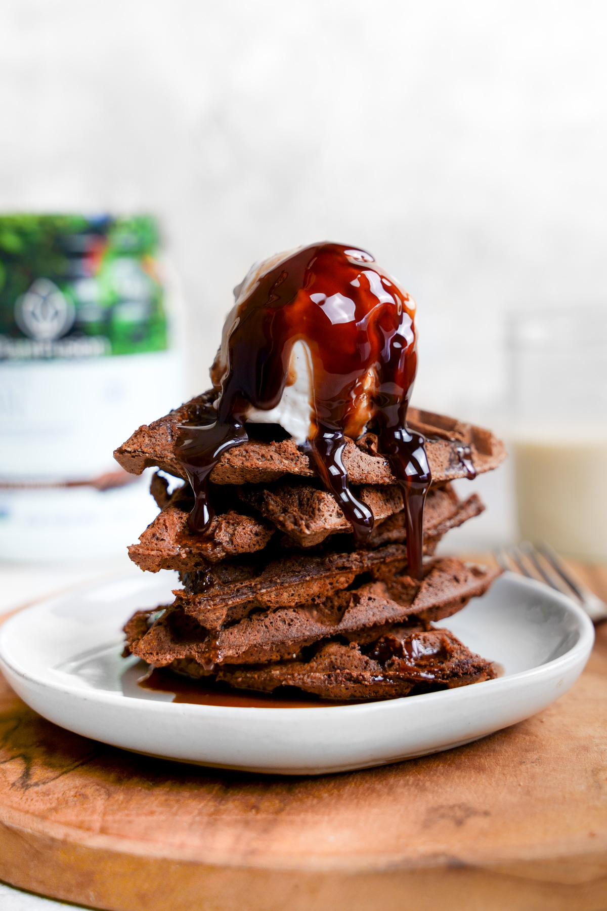 the brownie waffles covered in vegan chocolate syrup