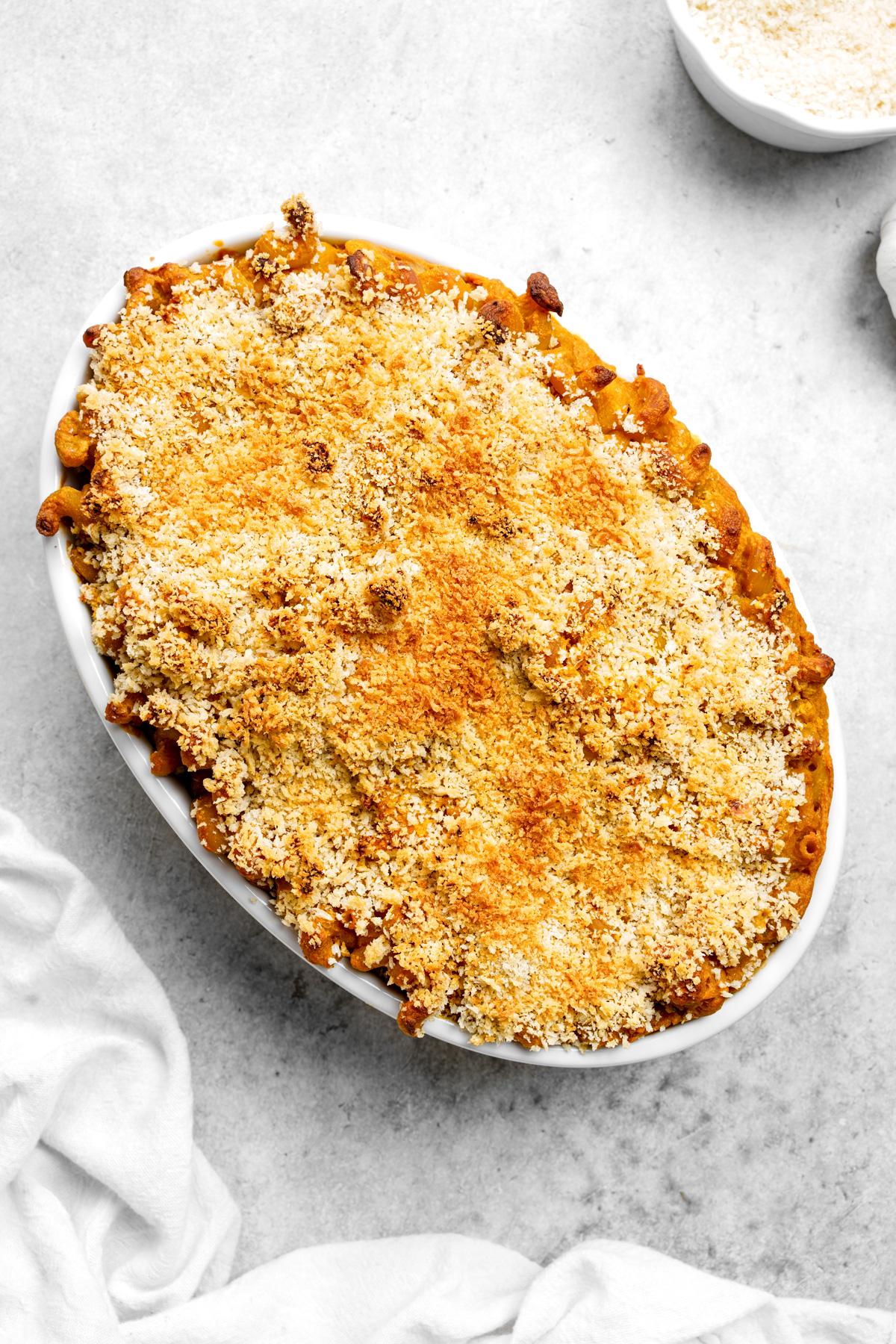 looking down at the sweet potato mac and cheese with the toasted bread crumbs on top
