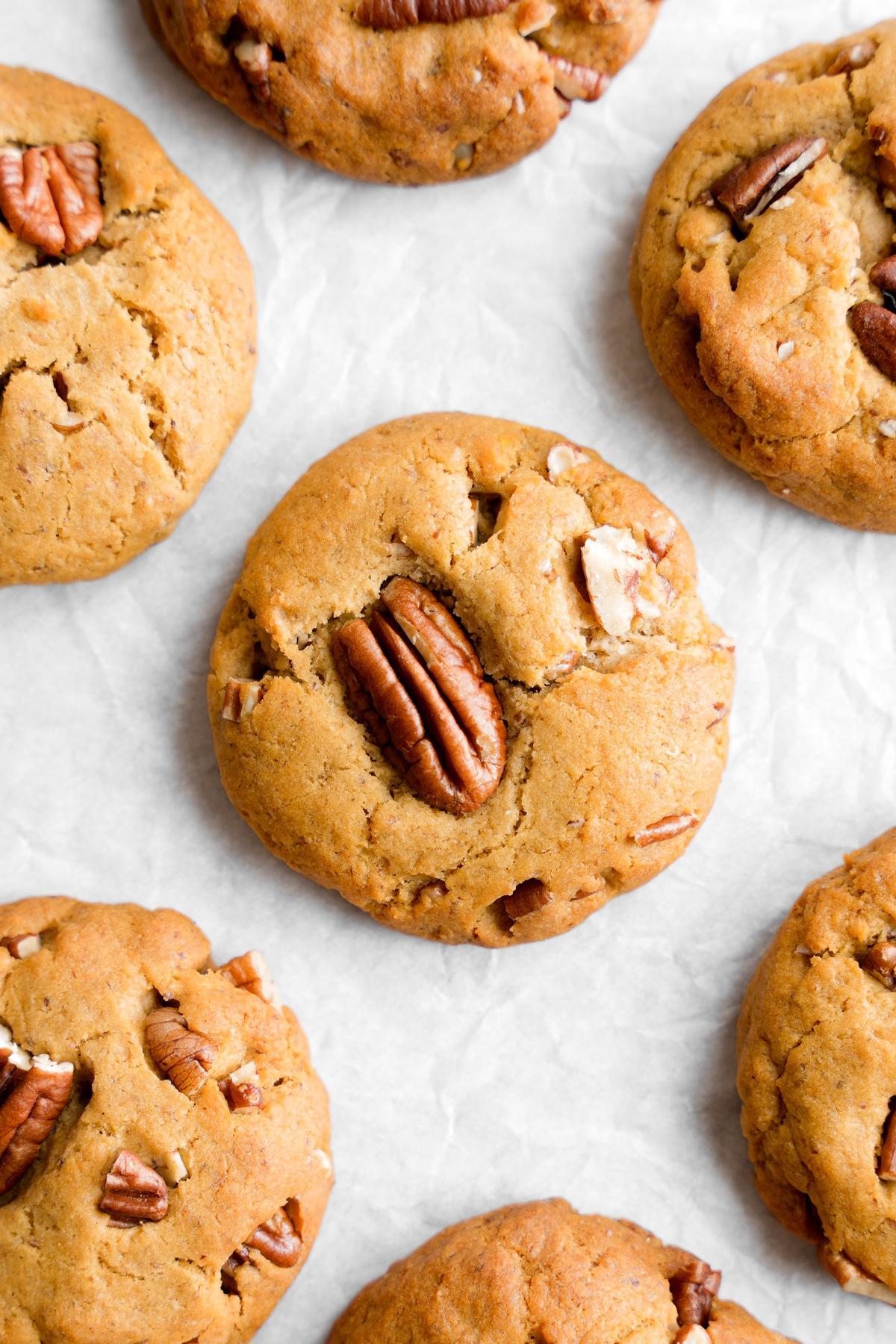 looking down at the maple pecan cookies with a perfect cookie in the middle