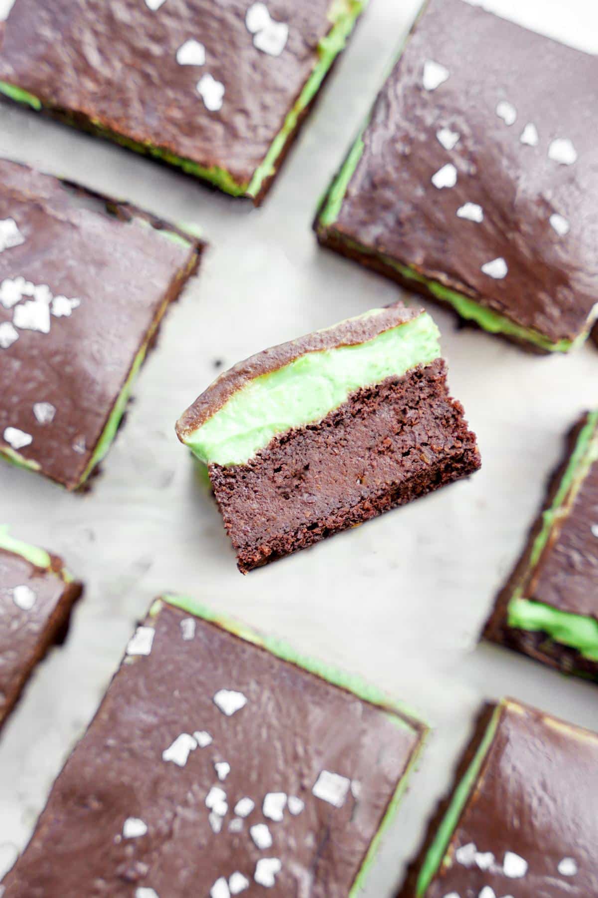 looking down at the mint chocolate brownies with one turned on its side