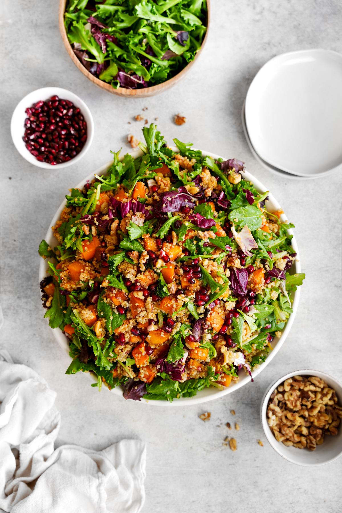 looking down at the butternut squash quinoa salad without any dressing
