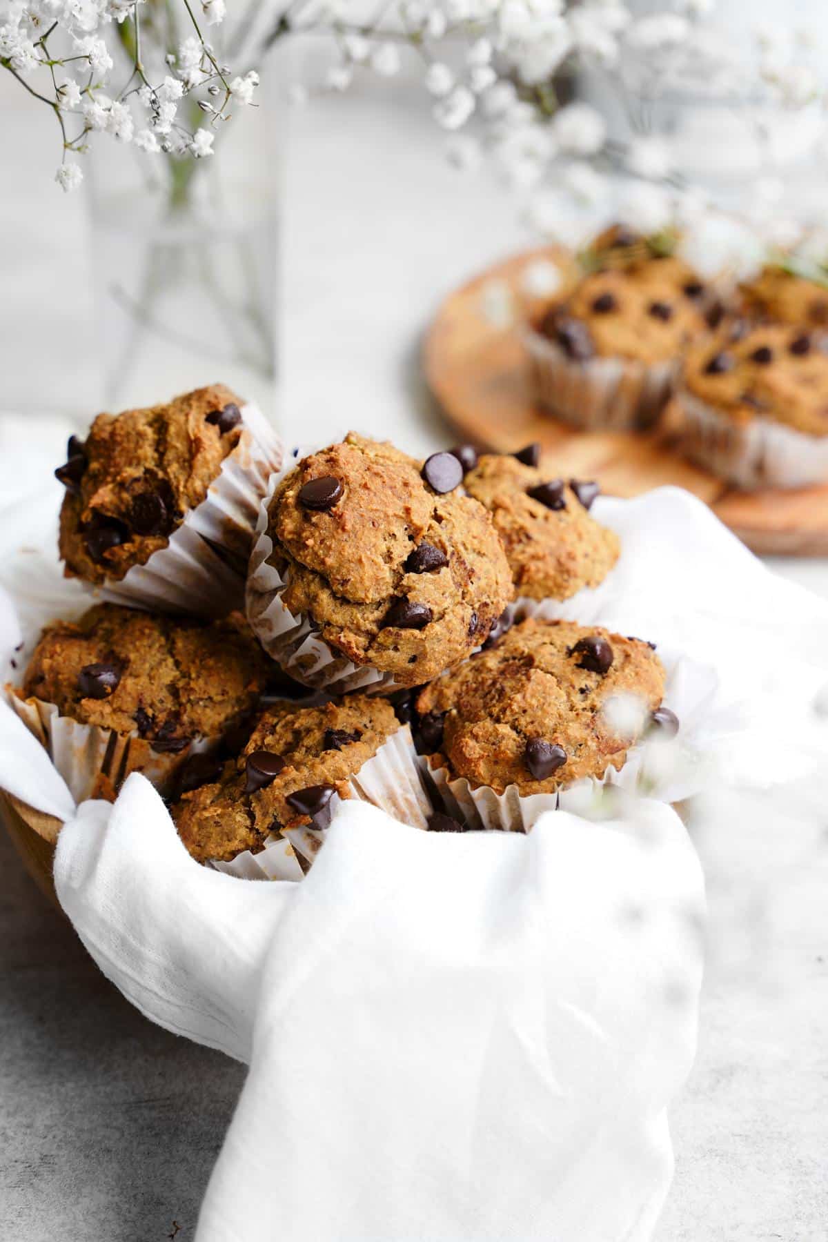 the banana chocolate chip protein muffins in a basket
