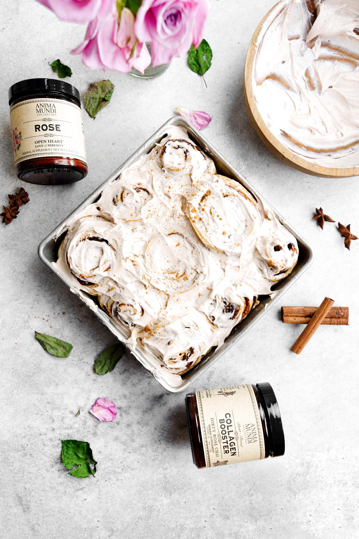 the healthy vegan breakfast in a baking dish with the anima mundi products next to it