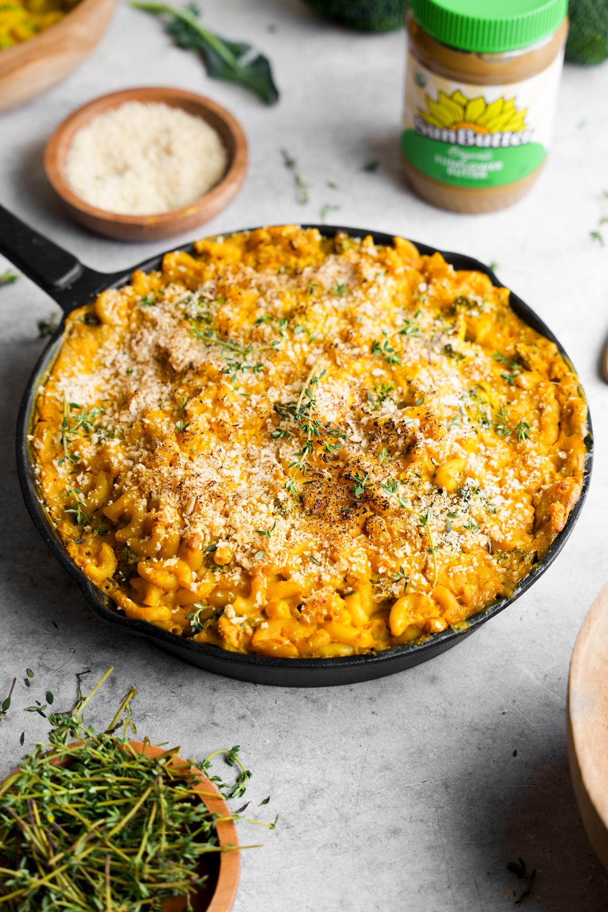 the nut free vegan mac and cheese right out of the oven to show the crispy top