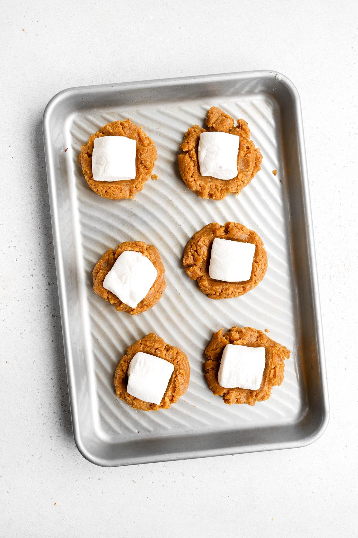 the vegan marshmallows pressed into the peanut butter cookie