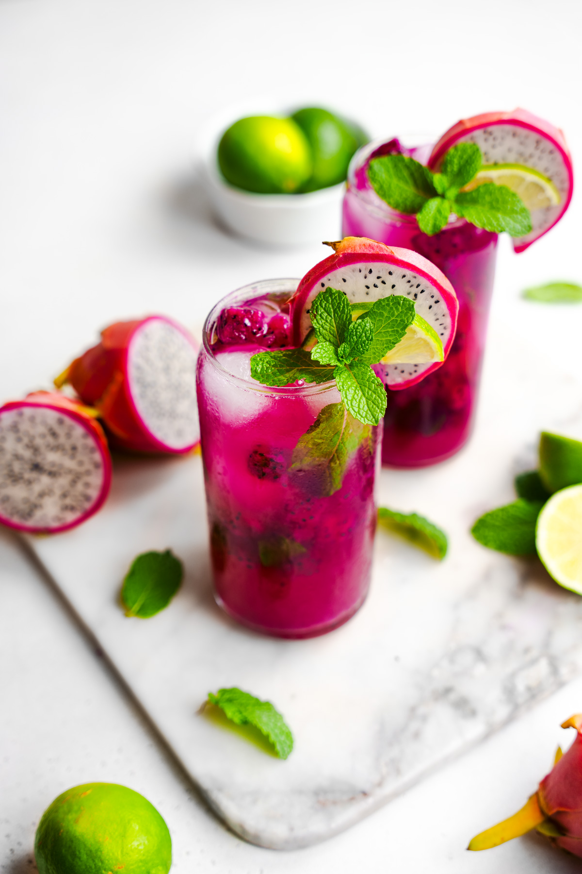 looking down at the dragon fruit mojito mocktails