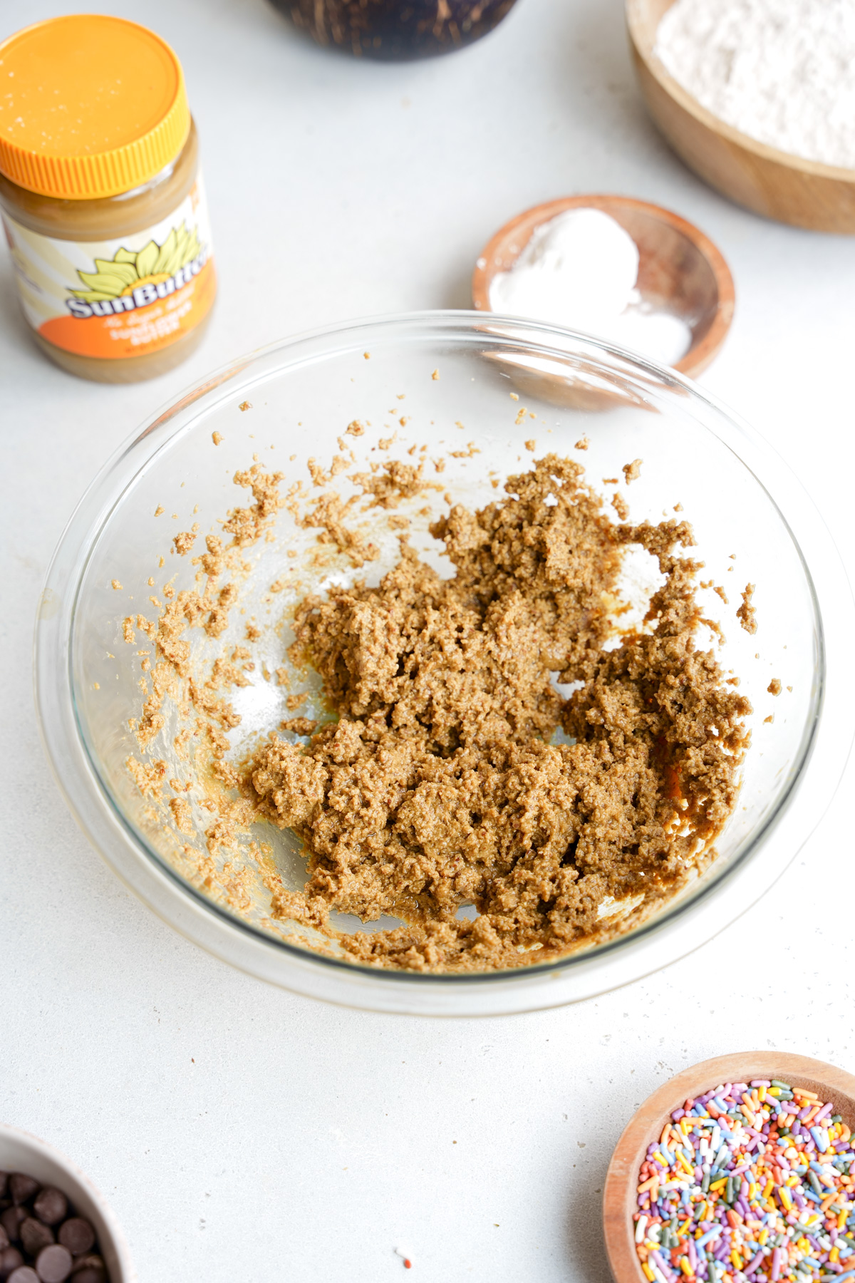 the first and second step of making the vegan cookie cake
