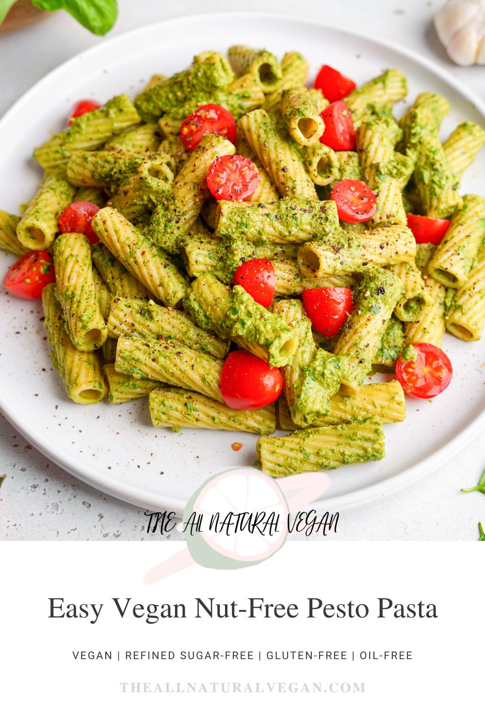 recipe card stating this recipe is vegan, refined sugar-free, gluten-free, and oil-free