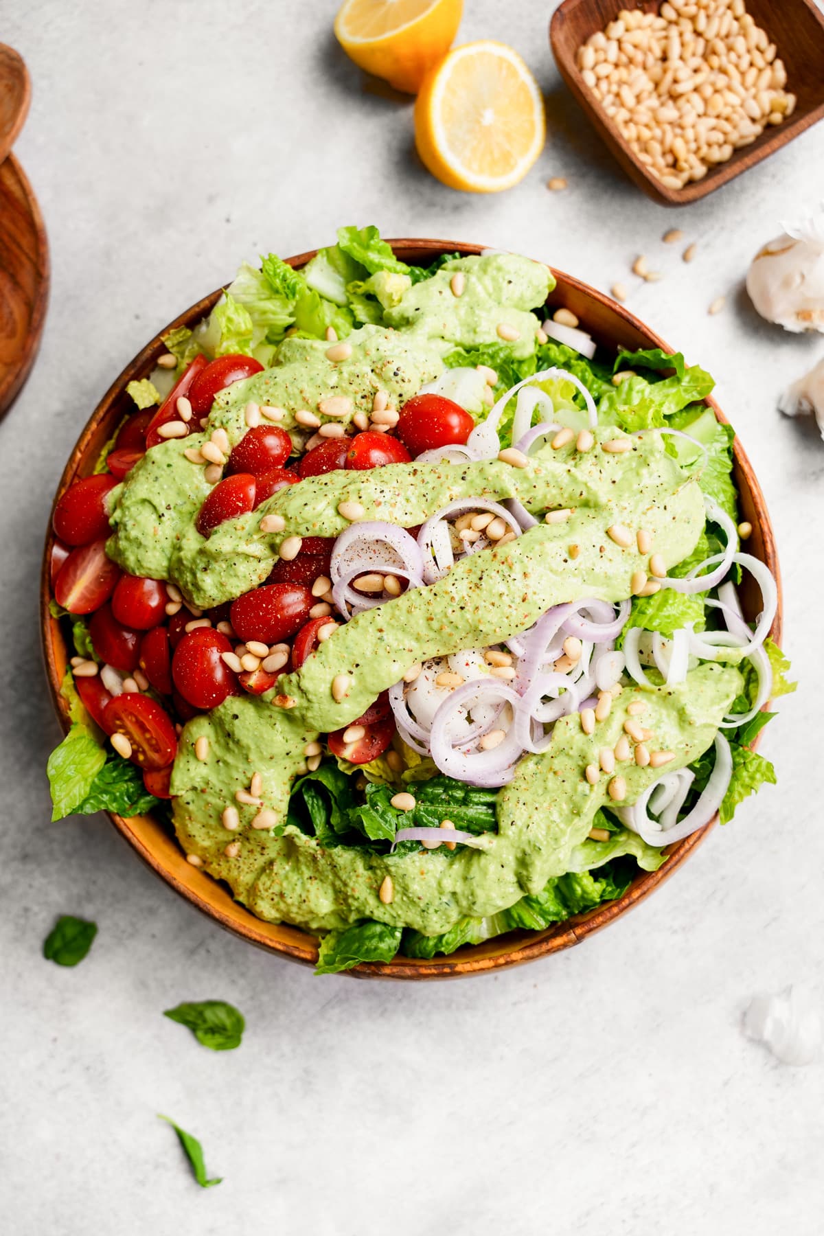 pine nut salad with the pesto dressing on top