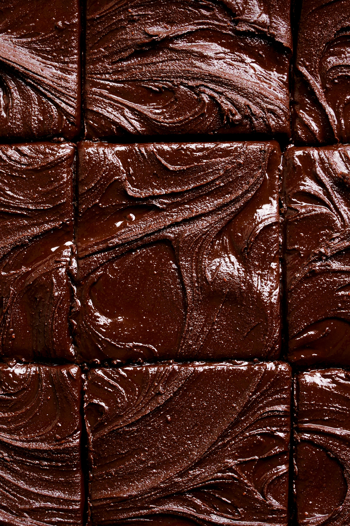 a close up of the rich chocolate frosting