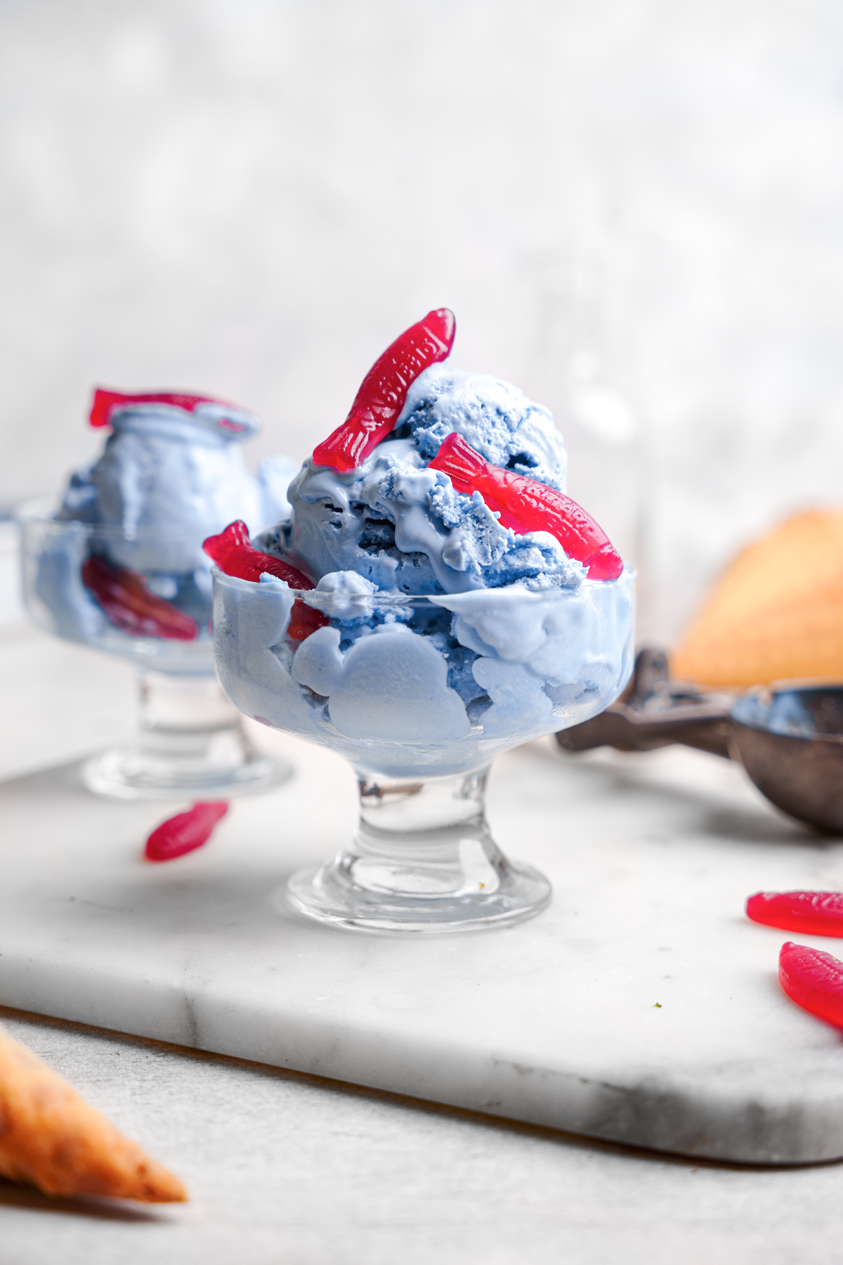 head on shot of the candy ice cream with the sweet fish on top