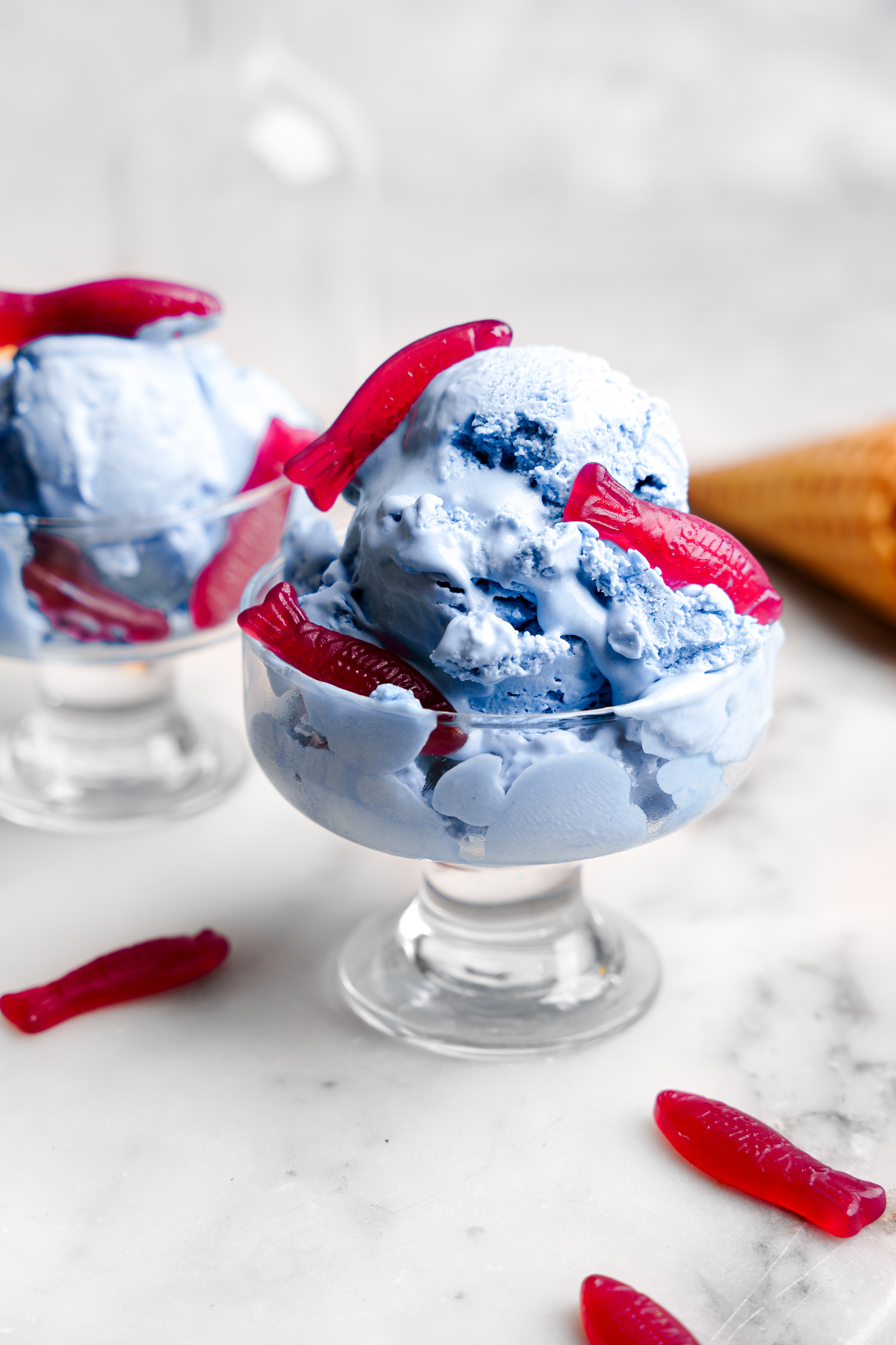 close up of the candy ice cream with the sweet fish on top