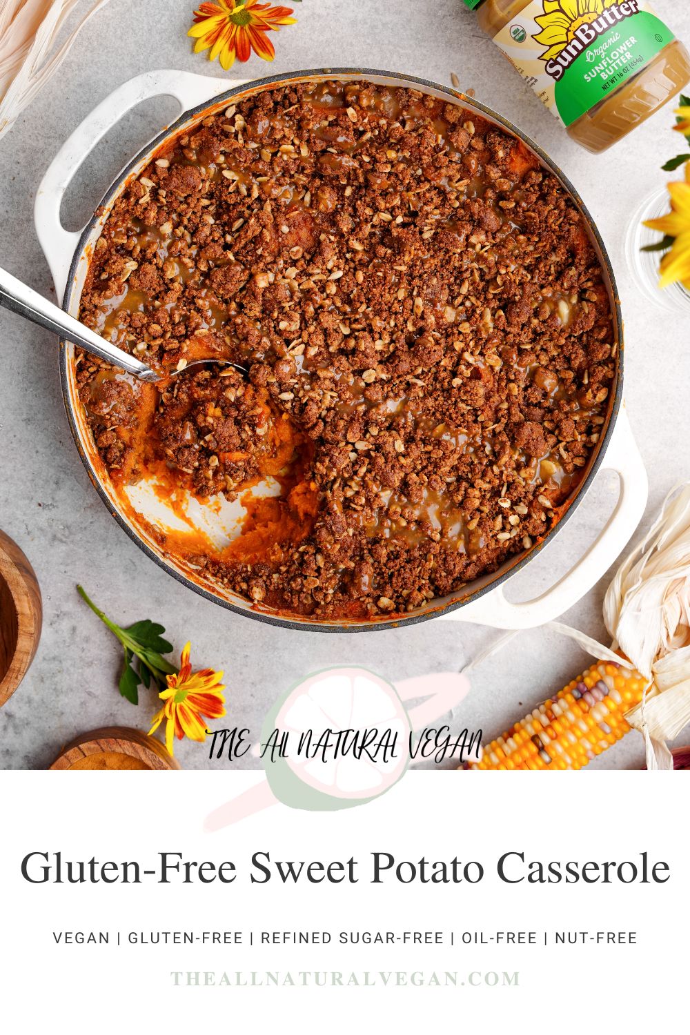 recipe card stating this recipe is vegan, oil-free, gluten-free, and refined sugar-free