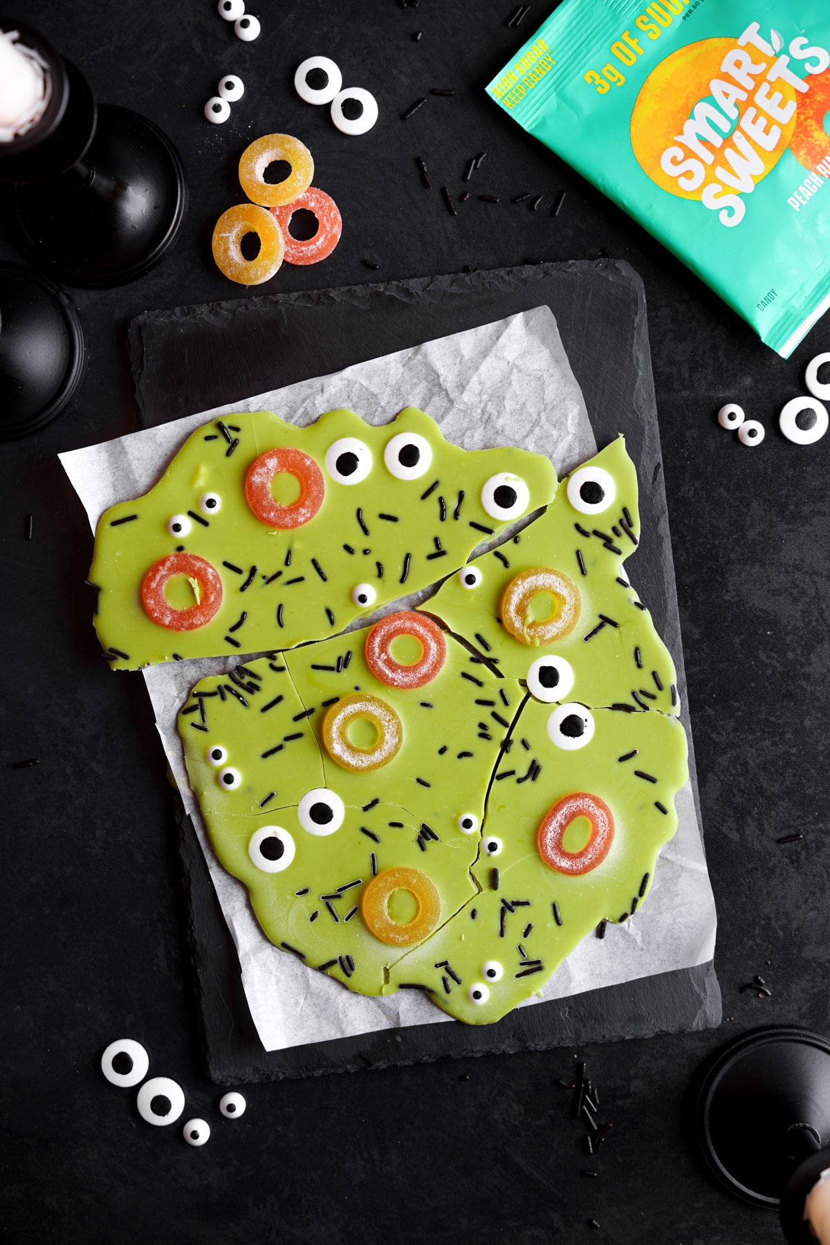 the halloween candy bark broken into pieces