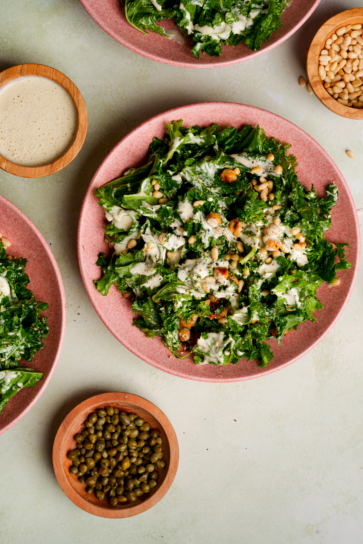 looking down at the roasted chickpea kale caesar salad