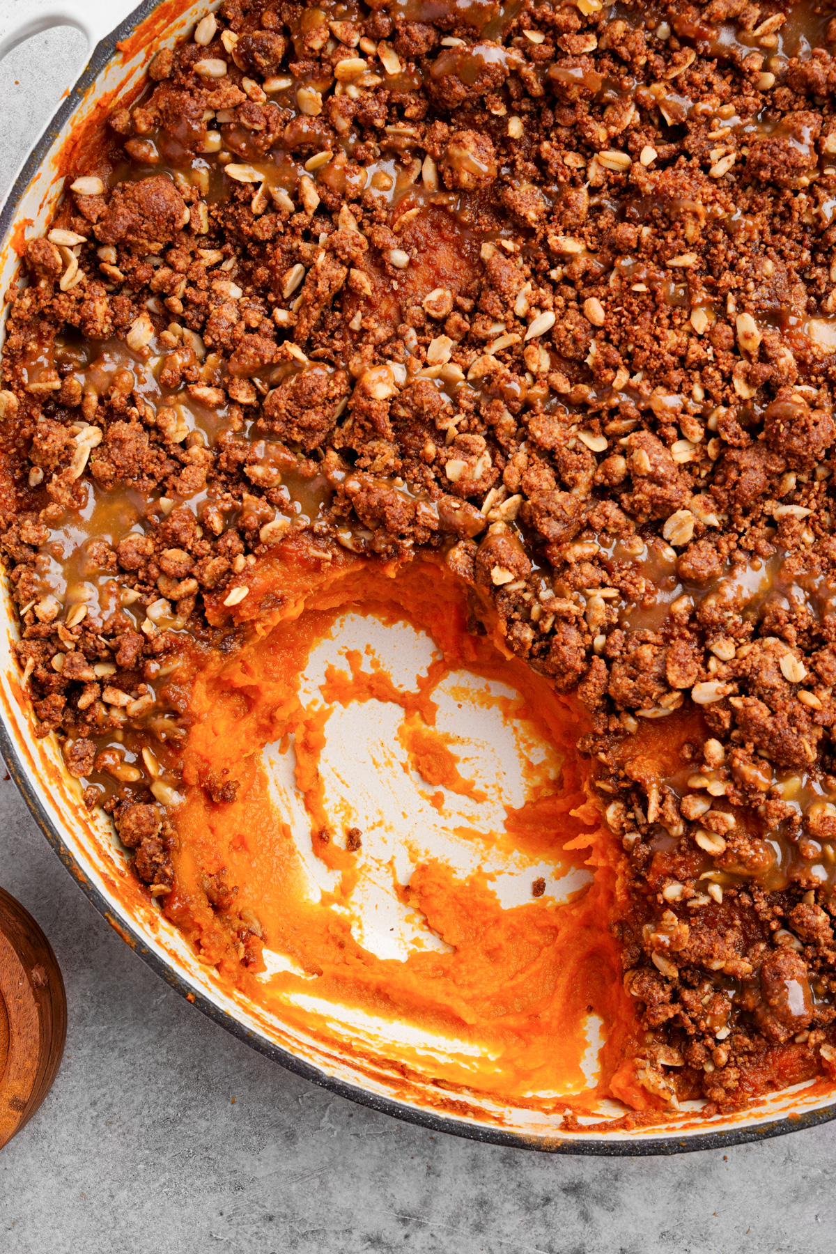 close up of the casserole with part of it scooped out