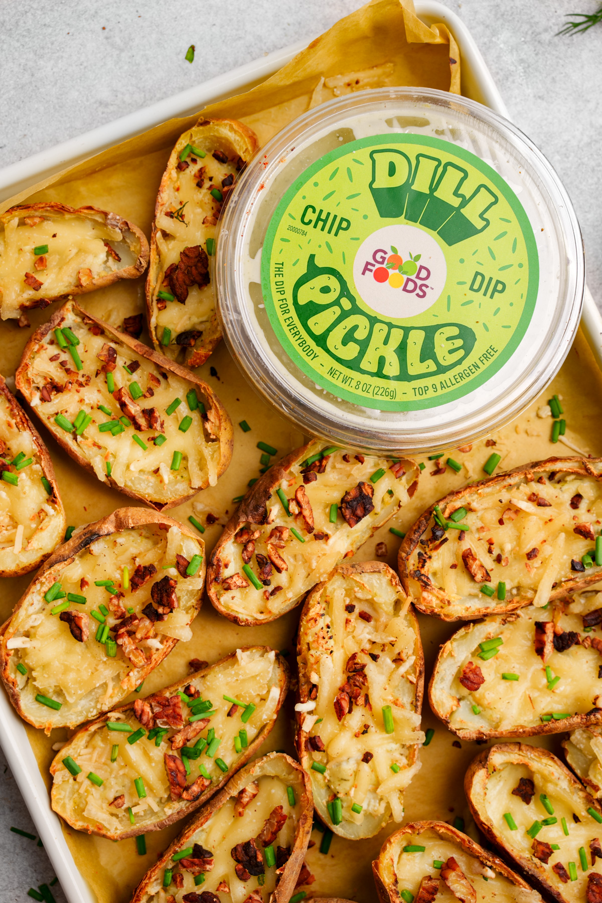 close up of the vegan appetizer with the dill pickle dip