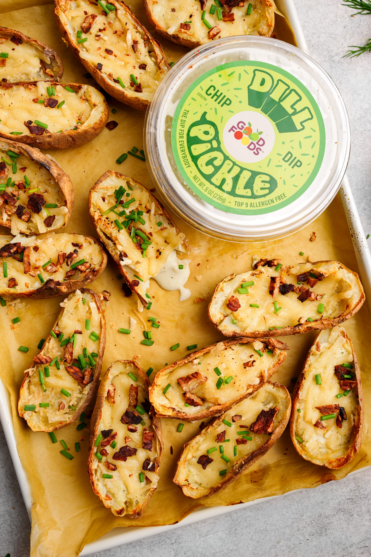the vegan potato skins with the dill pickle chip dip container