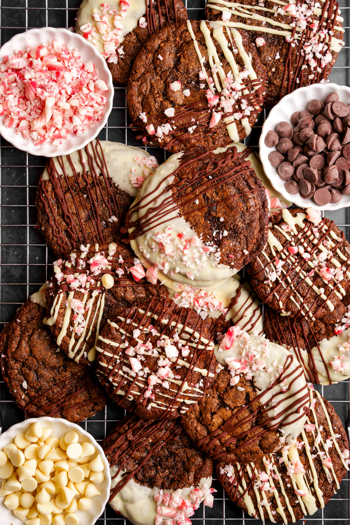 healthy vegan peppermint mocha cookies stacked on top of each other
