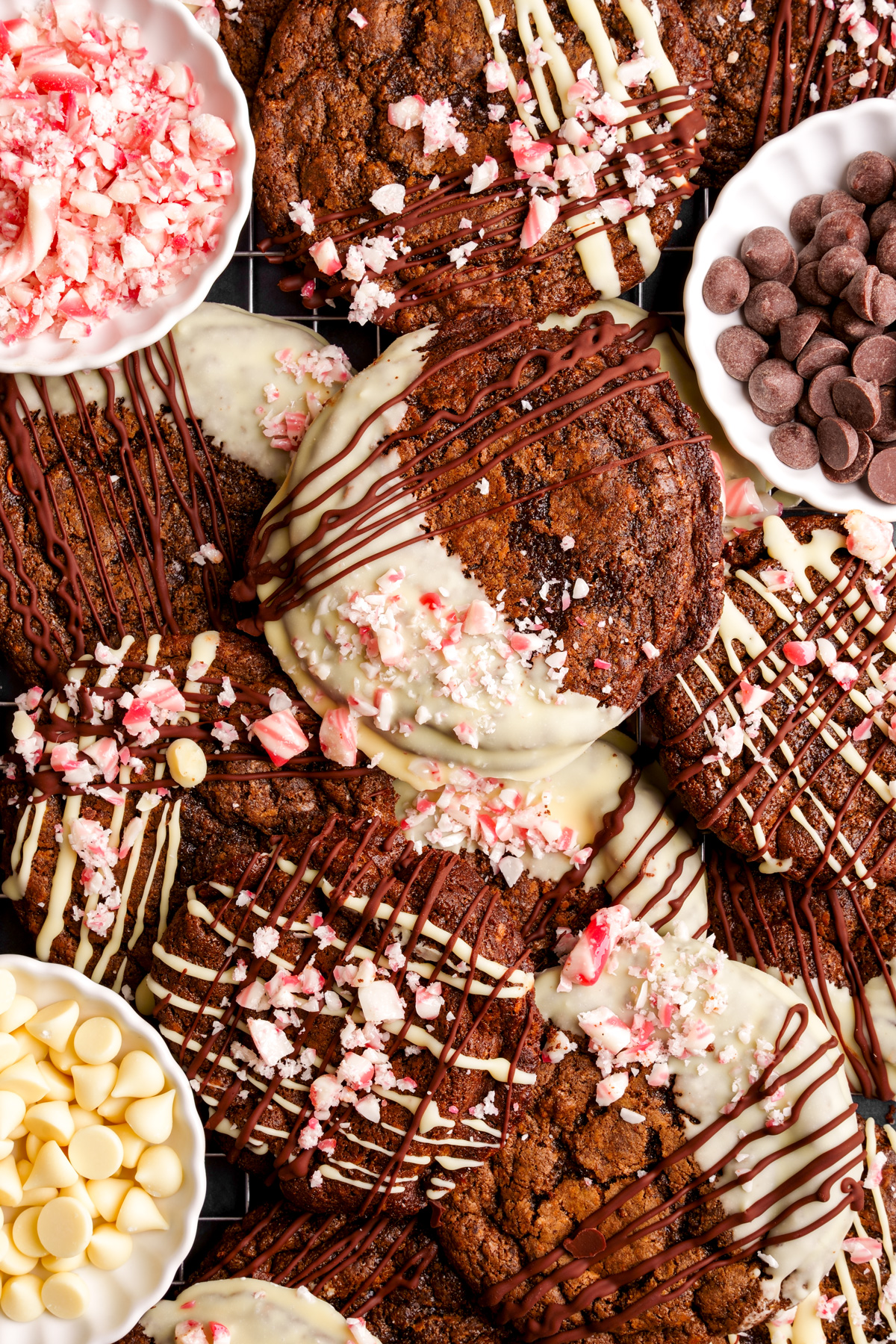 looking down at the peppermint mocha cookies with the crushed candy canes and chocolate chips