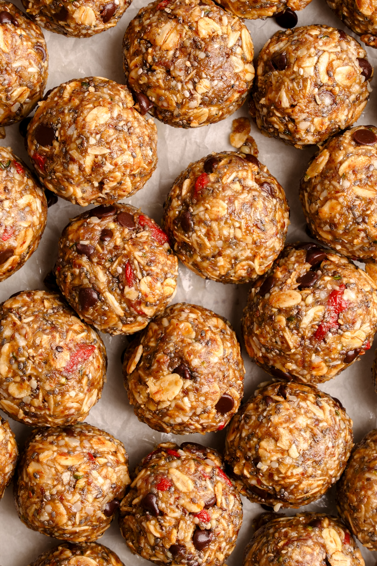 looking down at the vegan energy bites on a baking tray