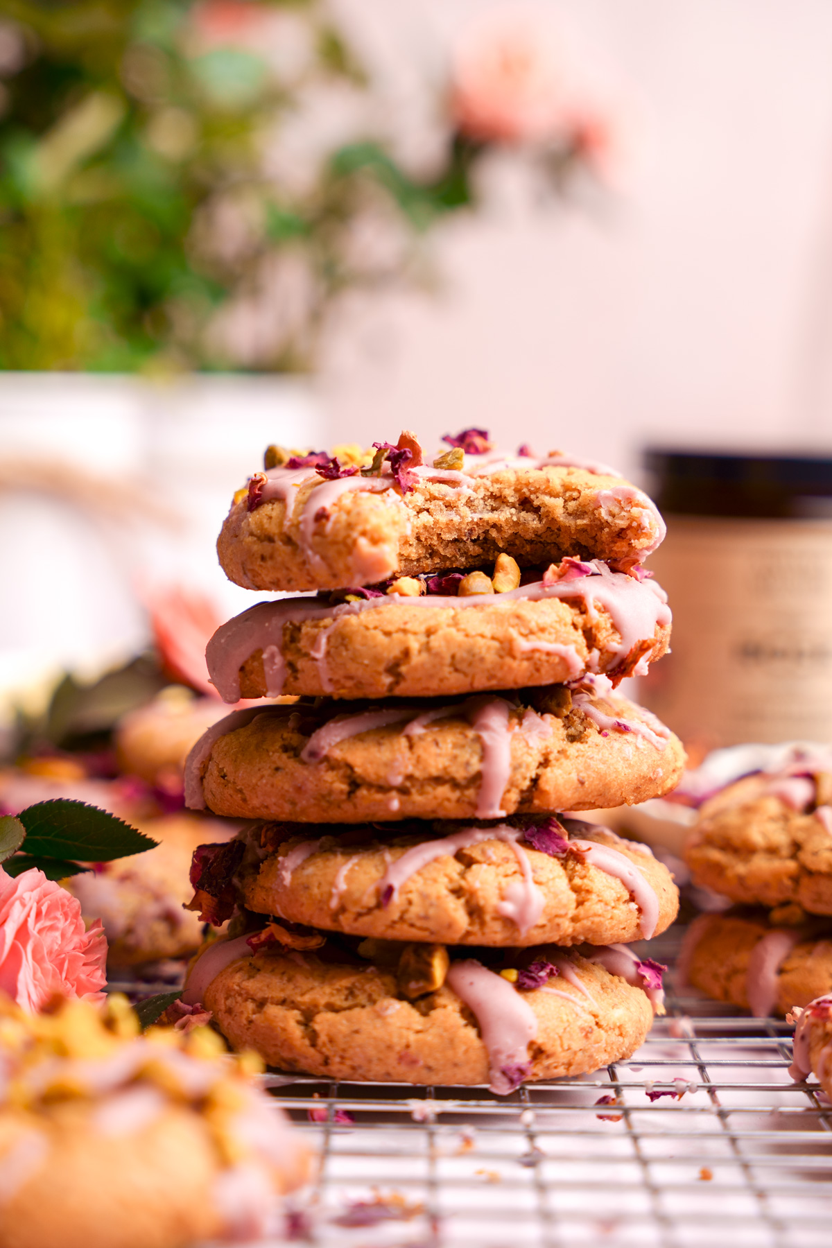 a close up of the rose cookies to show the chewy texture