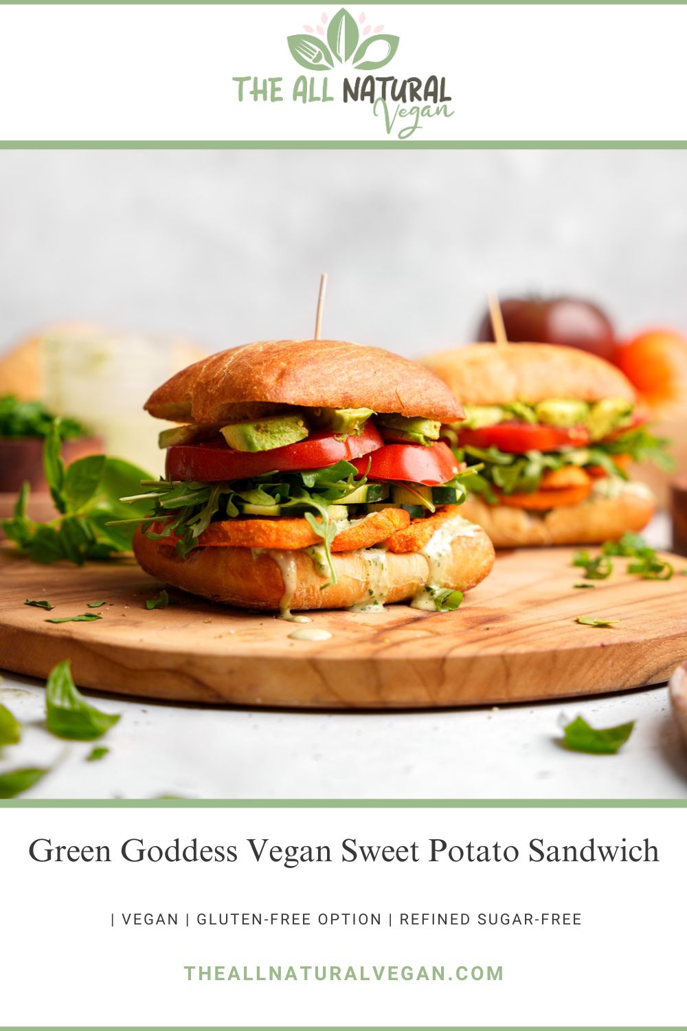 recipe card stating this recipe is vegan, refined sugar-free, and that there is a gluten-free option