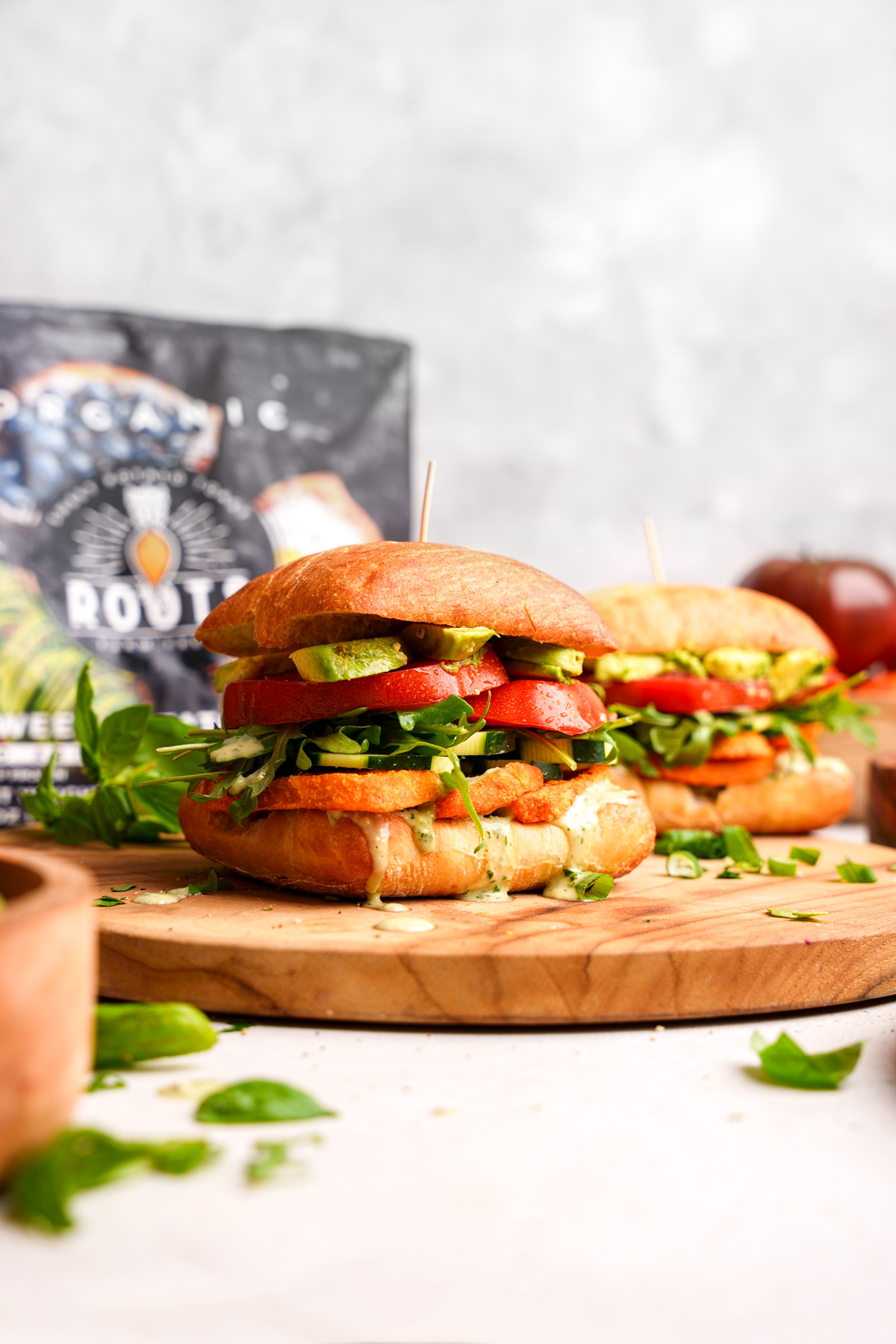 the sweet potato sandwich next to the roots farm fresh packaging