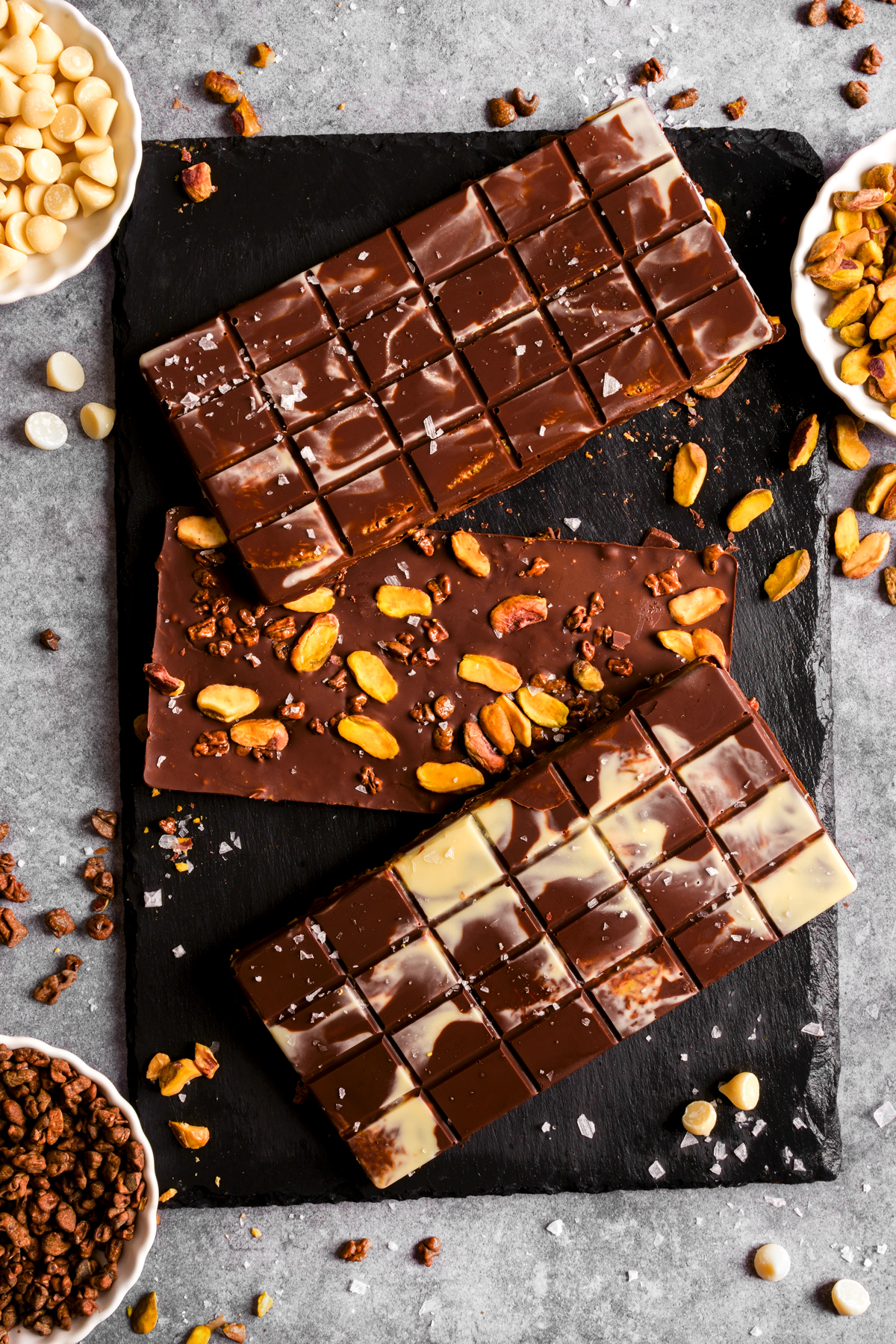 looking down at the dubai chocolate bar with nuts, cacao nibs, and sea salt