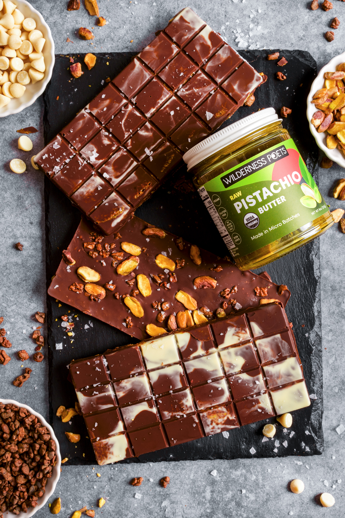 looking down at the pistachio chocolate bars with the wilderness poets pistachio butter
