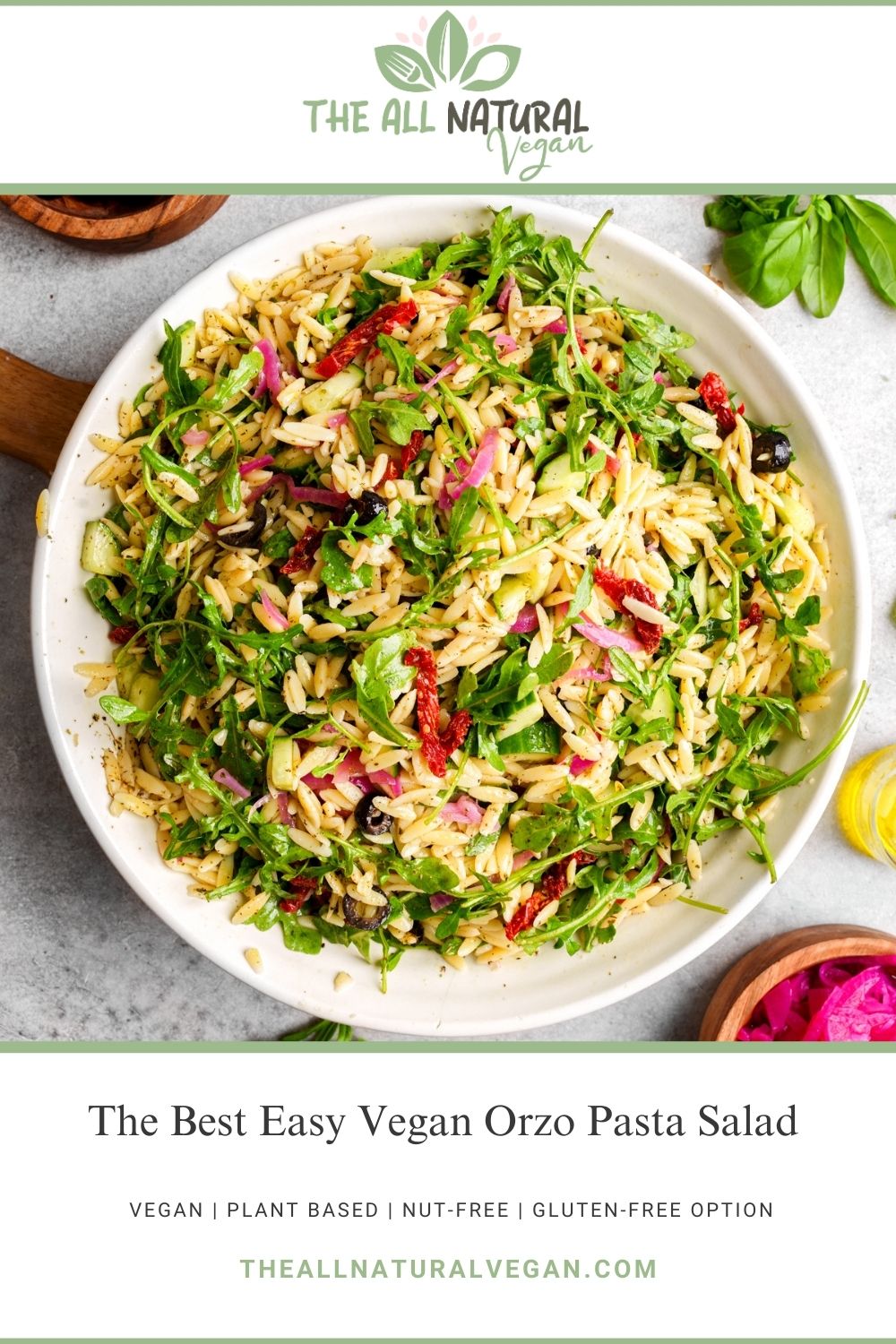 recipe card stating this recipe is vegan, plant based, nut-free, and there's a gluten-free option