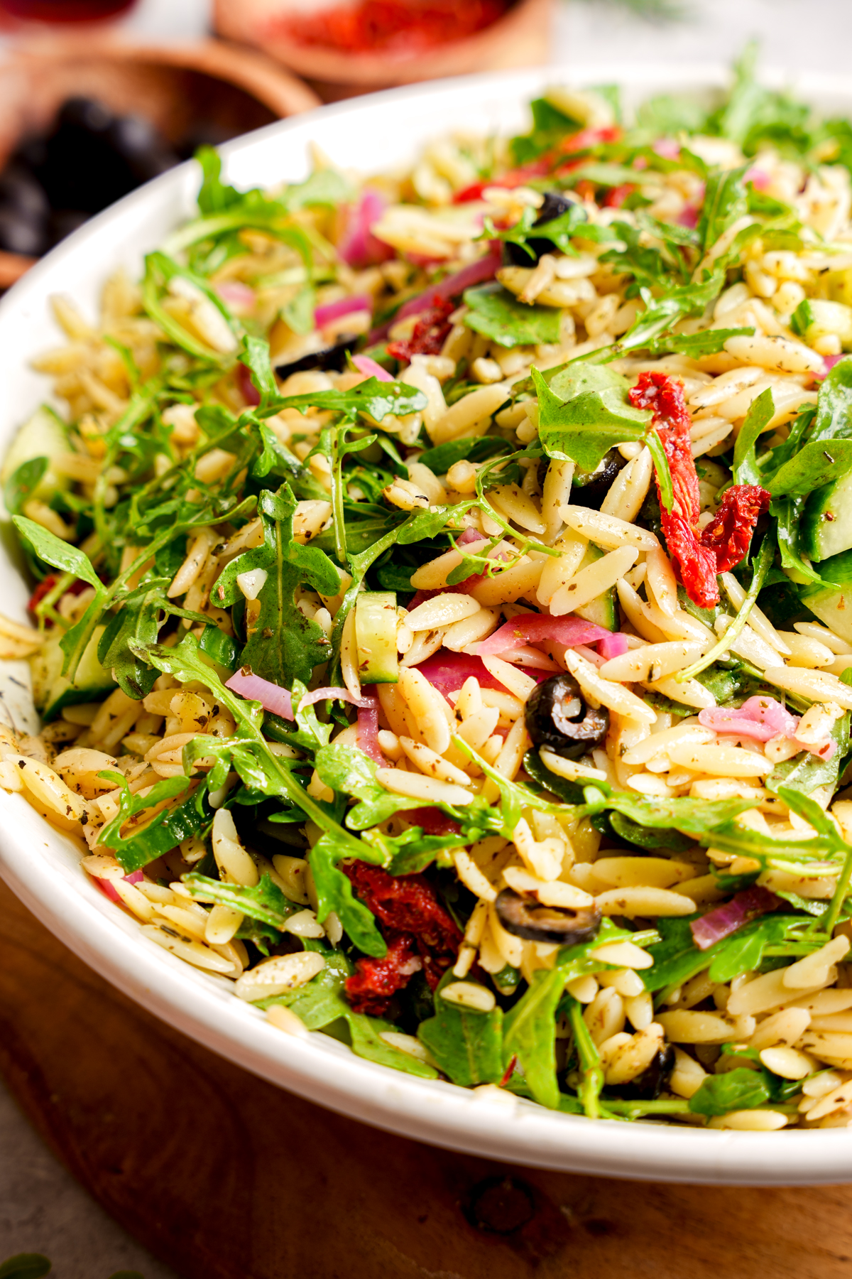 a close up of the orzo salad