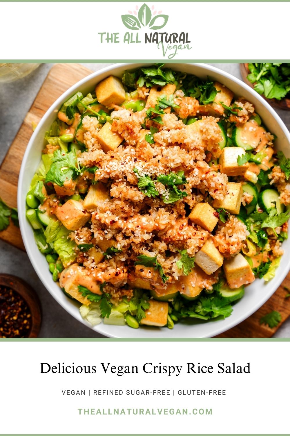 crispy rice salad recipe card stating this recipe is vegan, gluten-free, and refined sugar-free