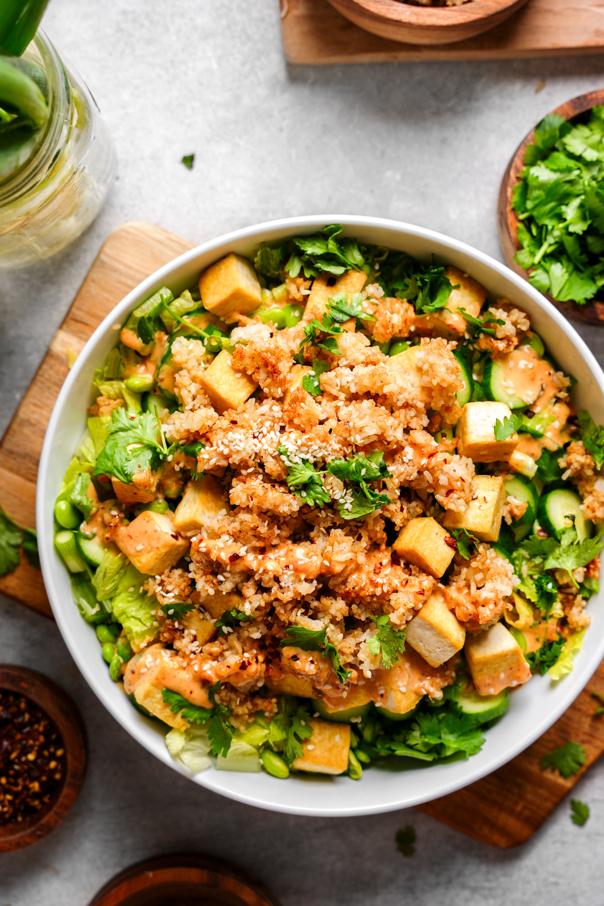 looking down at the crispy rice salad with fresh cilantro and green onions around it
