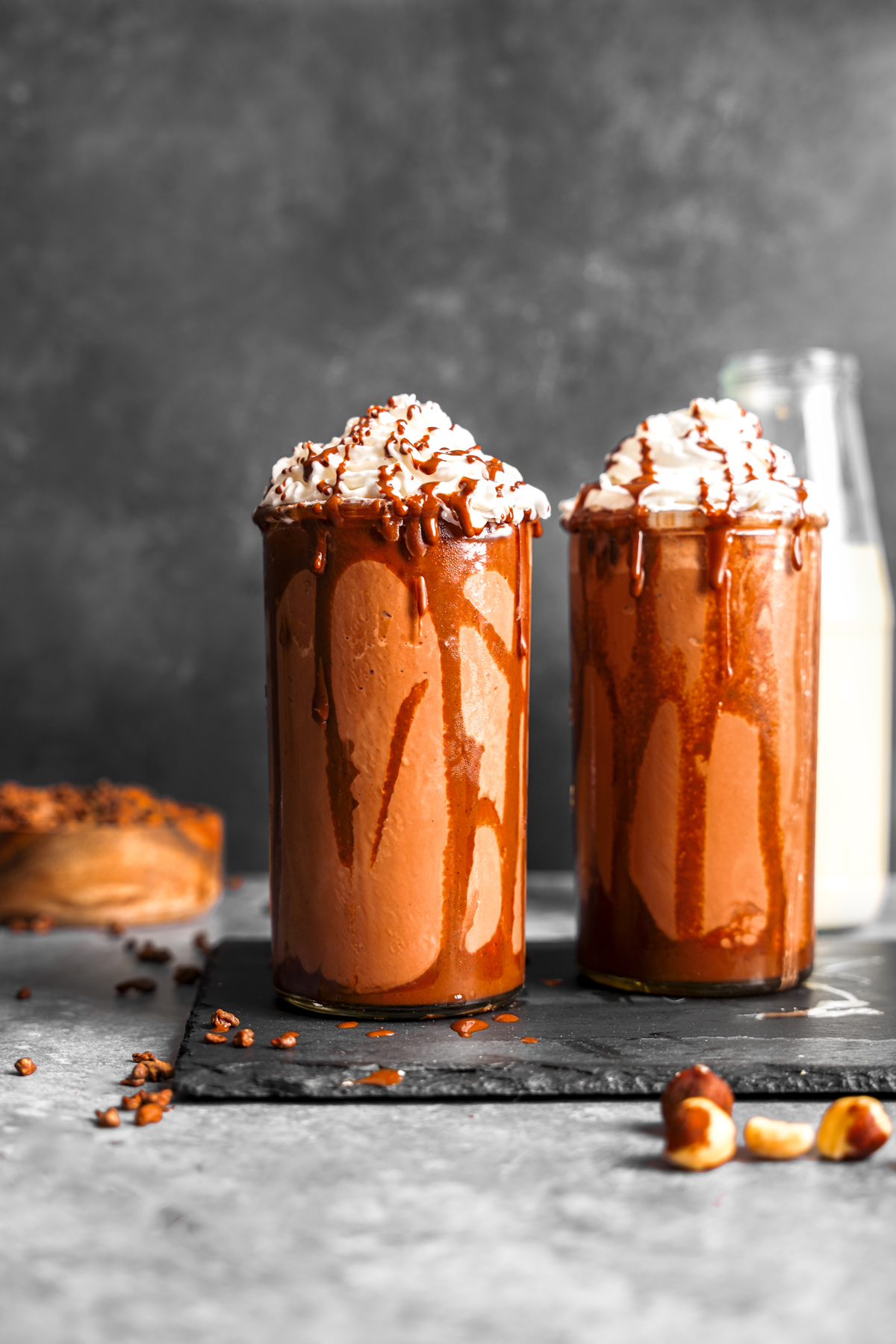 the hazelnut frappe in a glass with whipped cream and chocolate hazelnut sauce on top