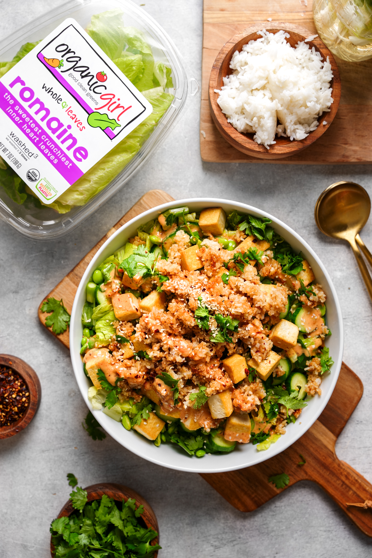 the crispy rice salad with the organicgirl lettuce container