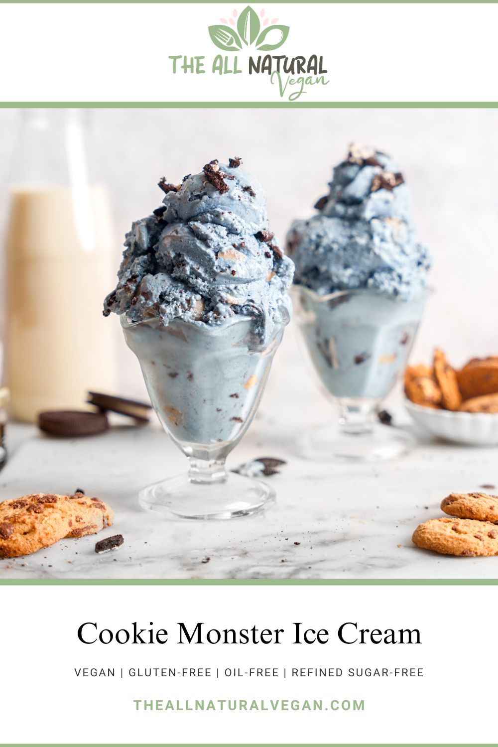 recipe card for the cookie monster ice cream stating this recipe is vegan, gluten-free, oil-free, and refined sugar-free